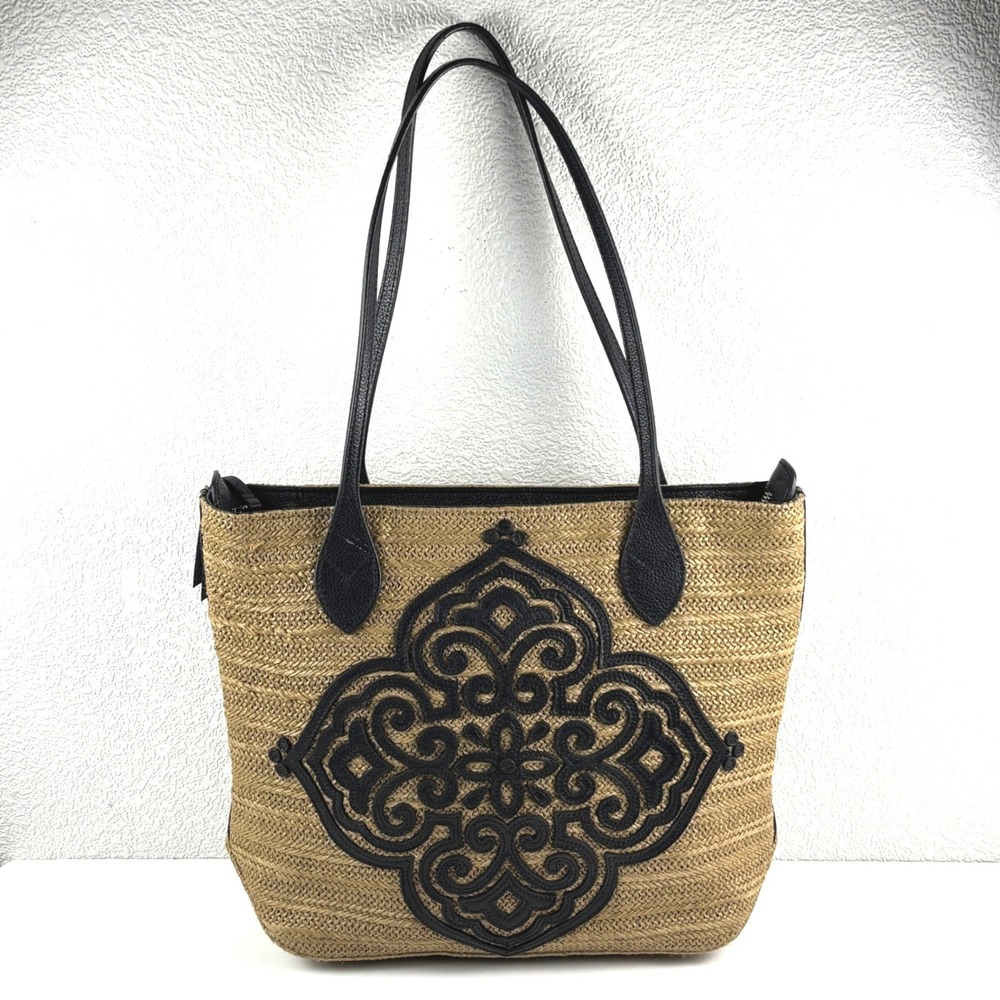 BRIGHTON CASABLANCA STARLA TOTE NATURAL RAFFIA BLACK LEATHER MEDALLION TASSELED